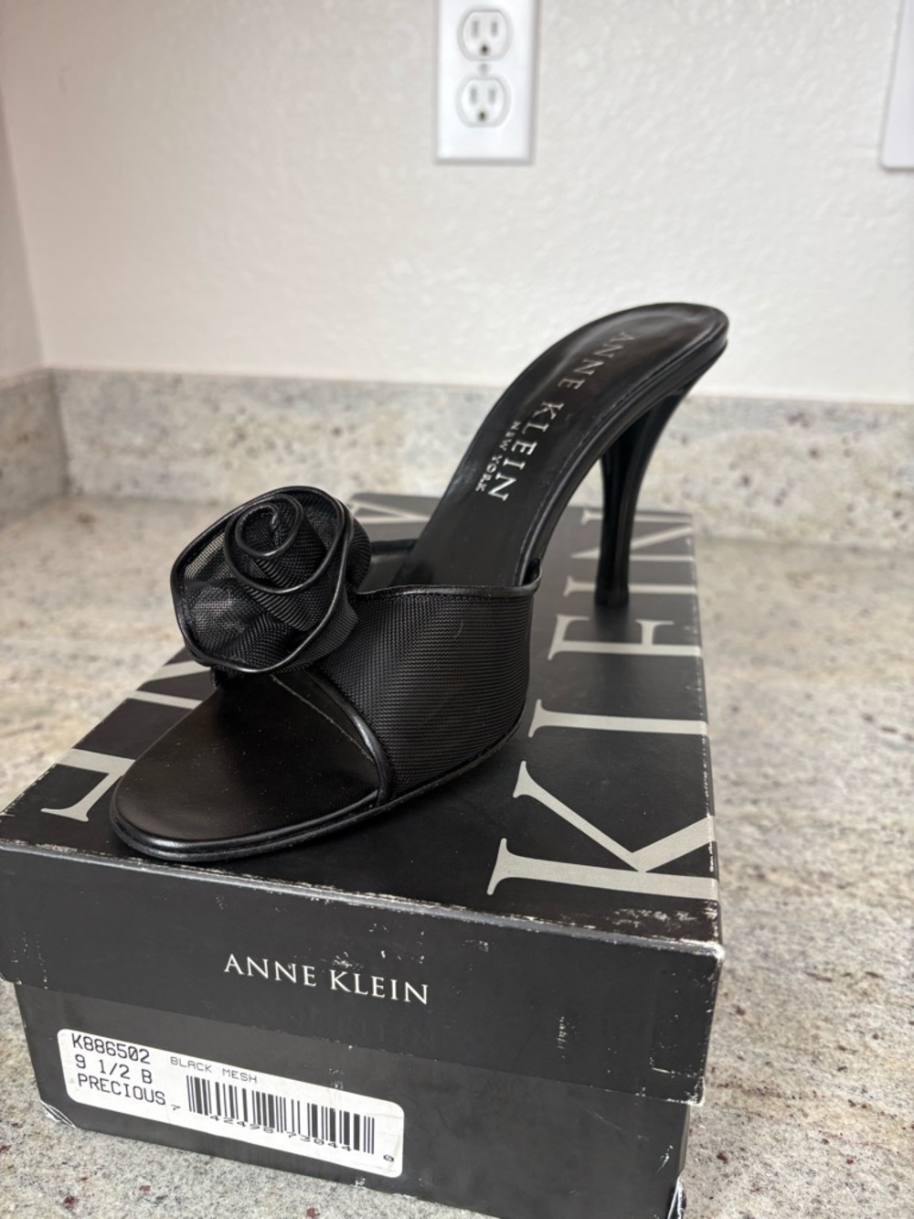 Anne Klein Black Rosette Mesh Slide Heel